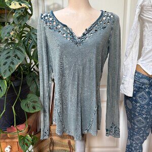 Free People Luna Embroidered Cutout Top Green with Fabric Bag